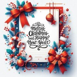 Best Merry Christmas and Happy New Year card wish picture HD free merry xmas images with golden frames and border with red ribbon and beautiful gift box and tree haniging lights and balls 3D elements