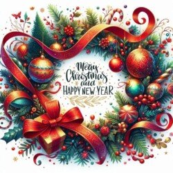 Best Merry Christmas and Happy New Year card wish picture HD free merry xmas images with golden frames and border with red ribbon and beautiful gift box and tree haniging lights and balls 3D elements