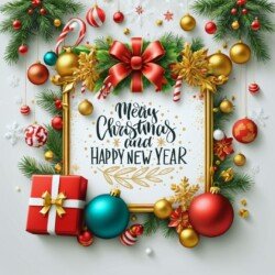 Best Merry Christmas and Happy New Year card wish picture HD free merry xmas images with golden frames and border with red ribbon and beautiful gift box and tree haniging lights and balls 3D elements