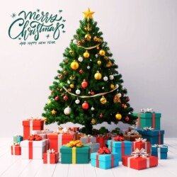 Best Merry Christmas and Happy New Year card wish picture HD free merry xmas images with golden frames and border with red ribbon and beautiful gift box and tree haniging lights and balls 3D elements