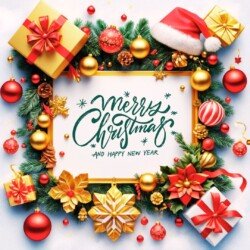 Best Merry Christmas and Happy New Year card wish picture HD free merry xmas images with golden frames and border with red ribbon and beautiful gift box and tree haniging lights and balls 3D elements