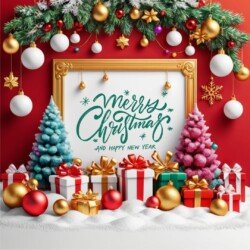 Best Merry Christmas and Happy New Year card wish picture HD free merry xmas images with golden frames and border with red ribbon and beautiful gift box and tree haniging lights and balls 3D elements