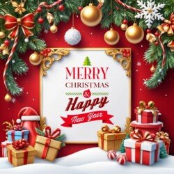 Best Merry Christmas and Happy New Year card wish picture HD free merry xmas images with golden frames and border with red ribbon and beautiful gift box and tree haniging lights and balls 3D elements