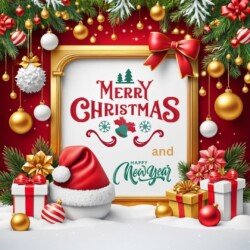 Best Merry Christmas and Happy New Year card wish picture HD free merry xmas images with golden frames and border with red ribbon and beautiful gift box and tree haniging lights and balls 3D elements