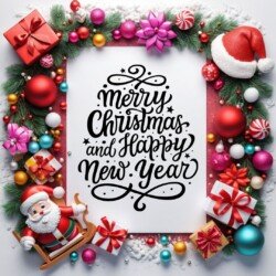 Best Merry Christmas and Happy New Year card wish picture HD free merry xmas images with golden frames and border with red ribbon and beautiful gift box and tree haniging lights and balls 3D elements