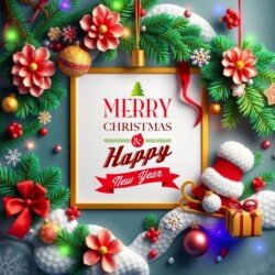 Best Merry Christmas and Happy New Year card wish picture HD free merry xmas images with golden frames and border with red ribbon and beautiful gift box and tree haniging lights and balls 3D elements