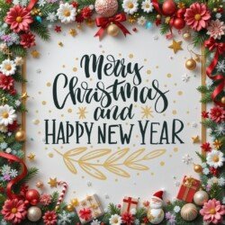 Best Merry Christmas and Happy New Year card wish picture HD free merry xmas images with golden frames and border with red ribbon and beautiful gift box and tree haniging lights and balls 3D elements