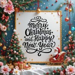 Best Merry Christmas and Happy New Year card wish picture HD free merry xmas images with golden frames and border with red ribbon and beautiful gift box and tree haniging lights and balls 3D elements