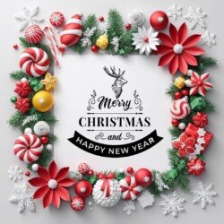 Best Merry Christmas and Happy New Year card wish picture HD free merry xmas images with golden frames and border with red ribbon and beautiful gift box and tree haniging lights and balls 3D elements