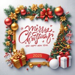 Best Merry Christmas and Happy New Year card wish picture HD free merry xmas images with golden frames and border with red ribbon and beautiful gift box and tree haniging lights and balls 3D elements