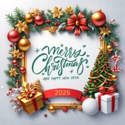 Best Merry Christmas and Happy New Year card wish picture HD free merry xmas images with golden frames and border with red ribbon and beautiful gift box and tree haniging lights and balls 3D elements