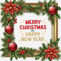 Best Merry Christmas and Happy New Year card wish picture HD free merry xmas images with golden frames and border with red ribbon and beautiful gift box and tree haniging lights and balls 3D elements