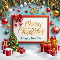 Best Merry Christmas and Happy New Year card wish picture HD free merry xmas images with golden frames and border with red ribbon and beautiful gift box and tree haniging lights and balls 3D elements