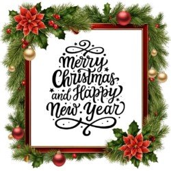 Best Merry Christmas and Happy New Year card wish picture HD free merry xmas images with golden frames and border with red ribbon and beautiful gift box and tree haniging lights and balls 3D elements