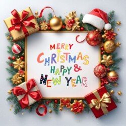 Best Merry Christmas and Happy New Year card wish picture HD free merry xmas images with golden frames and border with red ribbon and beautiful gift box and tree haniging lights and balls 3D elements