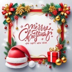 Best Merry Christmas and Happy New Year card wish picture HD free merry xmas images with golden frames and border with red ribbon and beautiful gift box and tree haniging lights and balls 3D elements