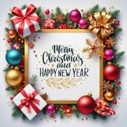 Best Merry Christmas and Happy New Year card wish picture HD free merry xmas images with golden frames and border with red ribbon and beautiful gift box and tree haniging lights and balls 3D elements