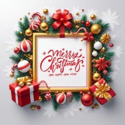 Best Merry Christmas and Happy New Year card wish picture HD free merry xmas images with golden frames and border with red ribbon and beautiful gift box and tree haniging lights and balls 3D elements
