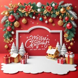 Best Merry Christmas and Happy New Year card wish picture HD free merry xmas images with golden frames and border with red ribbon and beautiful gift box and tree haniging lights and balls 3D elements