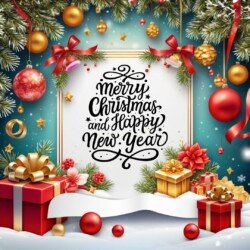 Best Merry Christmas and Happy New Year card wish picture HD free merry xmas images with golden frames and border with red ribbon and beautiful gift box and tree haniging lights and balls 3D elements