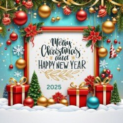 Best Merry Christmas and Happy New Year card wish picture HD free merry xmas images with golden frames and border with red ribbon and beautiful gift box and tree haniging lights and balls 3D elements