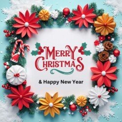 Best Merry Christmas and Happy New Year card wish picture HD free merry xmas images with golden frames and border with red ribbon and beautiful gift box and tree haniging lights and balls 3D elements