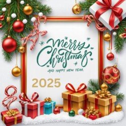 Best Merry Christmas and Happy New Year card wish picture HD free merry xmas images with golden frames and border with red ribbon and beautiful gift box and tree haniging lights and balls 3D elements