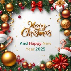 Best Merry Christmas and Happy New Year card wish picture HD free merry xmas images with golden frames and border with red ribbon and beautiful gift box and tree haniging lights and balls 3D elements