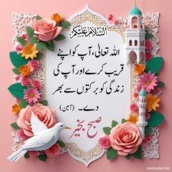 free 3D Dua Good Morning beautiful Islamic HD images with roses and flowers and dove or pigeon birds with mosque and Islamic frames and shapes with birds