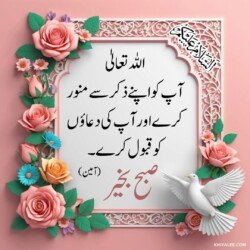 free 3D Dua Good Morning beautiful Islamic HD images with roses and flowers and dove or pigeon birds with mosque and Islamic frames and shapes with birds art
