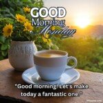 good morning monday blessing images with birds sunflowers and roses and coffee cup with sun and sunlight