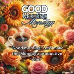 good morning monday blessing images with birds sunflowers and roses and coffee cup with sun and sunlight