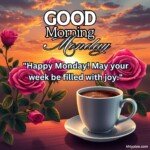 good morning monday blessing images with birds sunflowers and roses and coffee cup with sun and sunlight