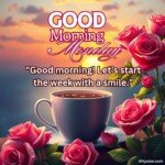 good morning monday blessing images with birds sunflowers and roses and coffee cup with sun and sunlight