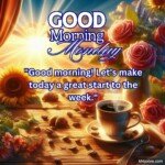 good morning monday blessing images with birds sunflowers and roses and coffee cup with sun and sunlight