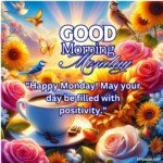 good morning monday blessing images with birds sunflowers and roses and coffee cup with sun and sunlight