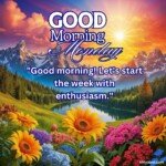 good morning monday blessing images with birds sunflowers and roses and coffee cup with sun and sunlight