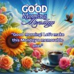 good morning monday blessing images with birds sunflowers and roses and coffee cup with sun and sunlight