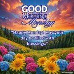 good morning monday blessing images with birds sunflowers and roses and coffee cup with sun and sunlight