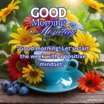 good morning monday blessing images with birds sunflowers and roses and coffee cup with sun and sunlight