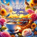 good morning monday blessing images with birds sunflowers and roses and coffee cup with sun and sunlight