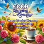 good morning monday blessing images with birds sunflowers and roses and coffee cup with sun and sunlight