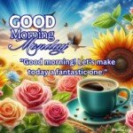 good morning monday blessing images with birds sunflowers and roses and coffee cup with sun and sunlight
