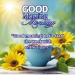 good morning monday blessing images with birds sunflowers and roses and coffee cup with sun and sunlight