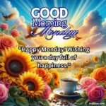 good morning monday blessing images with birds sunflowers and roses and coffee cup with sun and sunlight