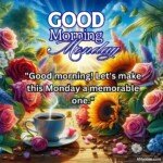 good morning monday blessing images with birds sunflowers and roses and coffee cup with sun and sunlight
