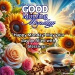 good morning monday blessing images with birds sunflowers and roses and coffee cup with sun and sunlight