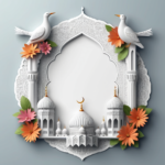islamic frames for text floral empty shapes 3D emboss blank HD paper decoration borders with ornaments mosque and birds