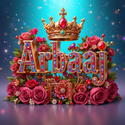 3d name art with diamoned gems and king crown with roses of indian name ArbaaJ
