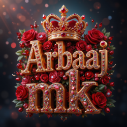 3d name art with diamoned gems and king crown with roses of indian name ArbaaJ and MK